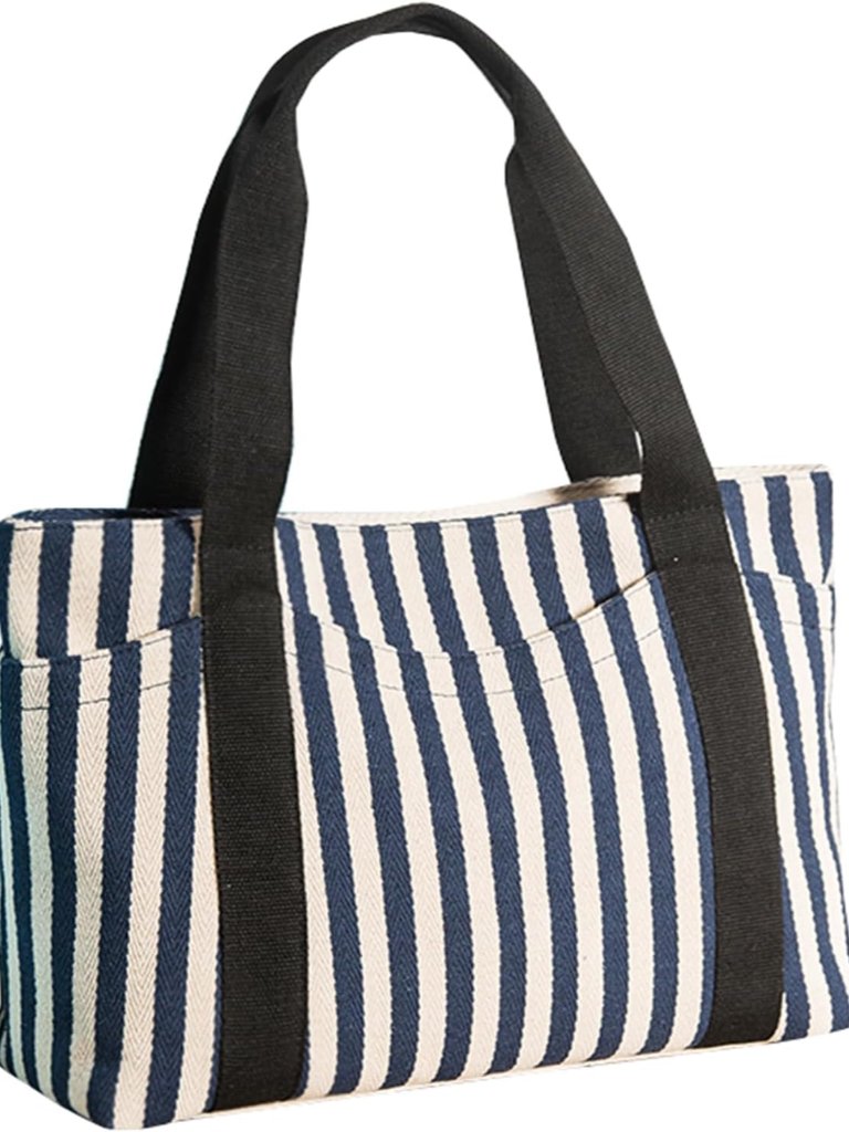 Canvas Tote Bag For Women, Striped Shoulder Handbag With Multi-Pockets & Zipper,